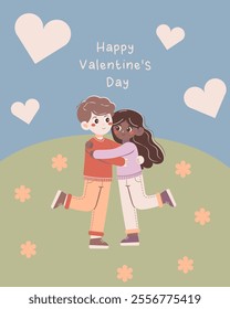 Flat-style illustration of an interracial couple hugging on a grassy hill with flowers and hearts, celebrating love and Valentine's Day. Perfect for greeting cards, romantic projects.