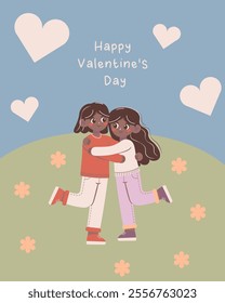 Flat-style illustration of a joyful gay couple hugging on a grassy hill with hearts and flowers, perfect for Valentine's Day, romantic celebrations, and greeting card designs.