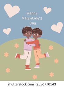 Flat-style illustration of a joyful LGBT couple hugging on a hill with hearts and flowers, celebrating love, unity, and diversity. Ideal for Valentine's Day cards, inclusivity themes, and romantic des