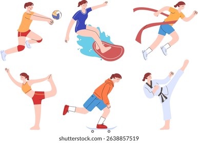 Flat-style illustration of kids and teens doing various sports activities such as volleyball, gymnastics, running, skating, and martial arts.