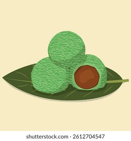 Flat-style illustration of klepon, an Indonesian traditional sweet rice cake filled with palm sugar and covered in shredded coconut, served on a leaf.