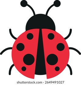Flat-style illustration of a ladybug with red wings, three black spots per side, black head, six legs, and two antennae, ideal for kids' content, nature icons, or decorative visuals