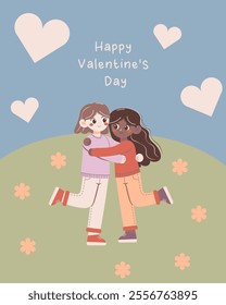 Flat-style illustration of an LGBT couple hugging on a grassy hill with hearts and flowers, celebrating love and diversity. Perfect for Valentine's Day, equality, and pride-themed designs.