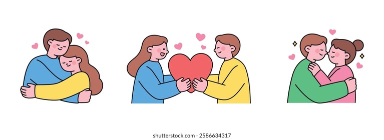 Flat-style illustration of loving couples expressing affection. A couple hugging, sharing a heart, and embracing each other with love. Romantic relationships, and emotional connection themes.