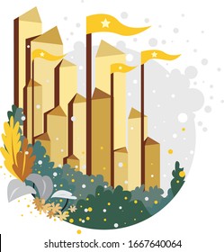 Flat-style illustration: Majestic golden castle with numerous towers and flags, standing amidst a lush forest. Create a magical, enchanting ambiance effortlessly.