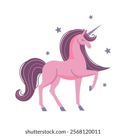 Flat-style illustration of a majestic pink unicorn with flowing purple mane and tail surrounded by stars, perfect for children's designs, fantasy themes, or whimsical art projects.