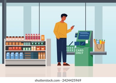 Flat-style illustration: A man pays his grocery at a self-service checkout kiosk using a smartphone. 