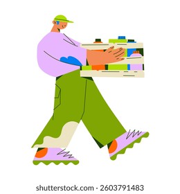 Flat-style illustration of a man walking with a tray of plastic bottles. Great for recycling, sustainability, environmental awareness, and green living topics