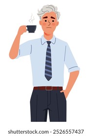 A flat-style illustration of a man with white hair wearing a light blue shirt and a striped tie, holding a cup of coffee