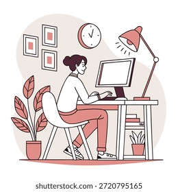 Una ilustración de estilo plano de un hombre que trabaja en una computadora de escritorio en una acogedora oficina en casa. La escena incluye un escritorio, monitor, lámpara, reloj de pared, cuadros enmarcados, plantas en macetas y accesorios de oficina. Paleta de colores cálidos y silenciados y líneas limpias adecuadas para temas de negocios, trabajo remoto, productividad y tecnología