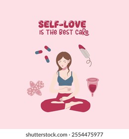 Flat-style illustration of a meditating woman with menstrual products and pills, promoting self-care and self-love. Perfect for health, wellness, and feminine empowerment themes.