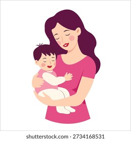 Una ilustración de estilo plano de una madre abrazando suavemente a su bebé dormido, aislado sobre un fondo blanco.