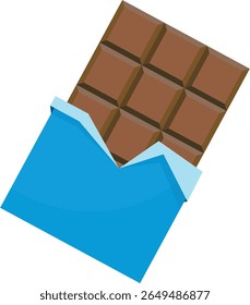 Flat-style illustration of a partially unwrapped chocolate bar with rectangular segments and blue wrapper, ideal for food visuals, packaging, or sweet-themed designs