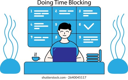 Flat-style illustration of a person practicing time blocking at a desk with a laptop, schedule board, coffee, and books. Ideal for productivity, time management, remote work, and planning concepts