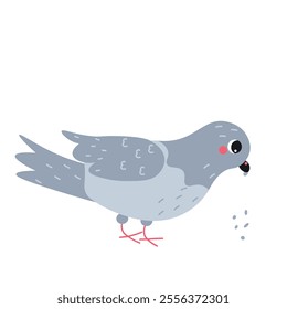 Flat-style illustration of a pigeon pecking at grains, showcasing its natural charm. Perfect for bird-themed designs, nature illustrations, educational materials, or animal-related projects.