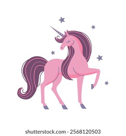 Flat-style illustration of a pink unicorn with a purple flowing mane, gracefully lifting its leg, surrounded by small stars. Perfect for fantasy themes, children's products, and magical designs.