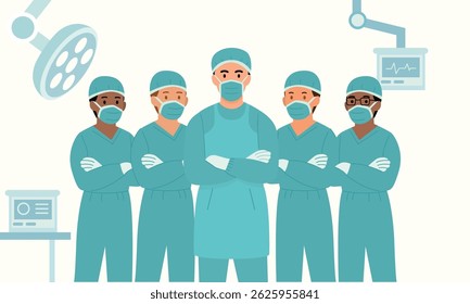Flat-style illustration of a professional surgery team standing confidently with arms crossed in an operating room, wearing masks and scrubs, ready for medical procedures.