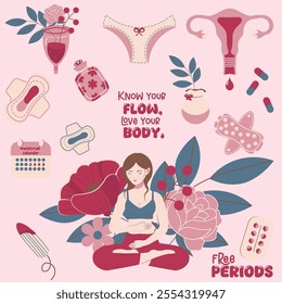 Flat-style illustration promoting menstrual health awareness. Includes feminine products, flowers, and empowering text encouraging self-care and body positivity. Perfect for health and wellness projec