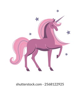 Flat-style illustration of a purple unicorn with a flowing pink and b;ue mane, lifting its leg gracefully, surrounded by stars. Perfect for fantasy designs, children's products, and magical themes.