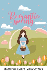 Flat-style illustration of a romantic spring scene featuring a beautiful girl holding a flower basket in a blooming meadow with tulips, and rolling hills. Perfect for seasonal and floral designs. 