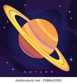 A flat-style illustration of Saturn surrounded by stars and other planets in a cosmic setting.