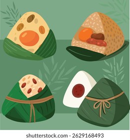 Um conjunto de ilustrações em estilo plano de bolinhos de arroz chinês (zongzi) para o Dragon Boat Festival. Inclui doces e salgados embrulhados em folhas de bambu. Ótimo para gráficos de férias, adesivos de alimentos e cult