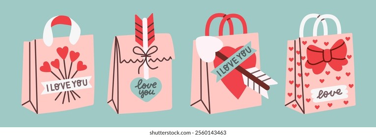 Flat-style illustration of a set of Valentine's Day gift bags decorated with hearts, ribbons, bows, and romantic messages. Cute, colorful, and festive design perfect for love-themed packaging.