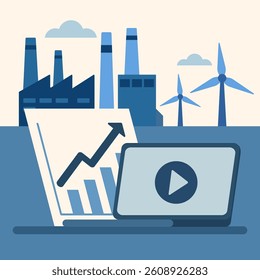 Flat-style illustration showing industrial growth with a chart and laptop, symbolizing modern industrial analytics, automation, and digital transformation in manufacturing.