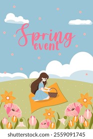 Flat-style illustration of a spring event featuring a girl sitting on a picnic blanket surrounded by blooming flowers. Perfect for seasonal themes, spring promotions, and nature-inspired designs.