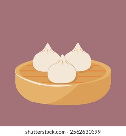 Flat-style illustration of steamed dumplings in a bamboo steamer. Perfect for food blogs, restaurant menus, icons and Asian cuisine promotions. Minimalist design with a modern touch.