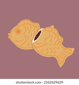 Flat-style illustration of taiyaki or punnopan , a popular fish-shaped pastry filled with sweet red bean paste. Perfect for food-related designs, icons, bakery themes, and Asian dessert promotions.