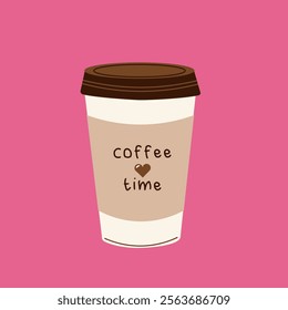 Flat-style illustration of a takeaway coffee cup with "coffee time" text and heart symbol, ideal for cafe branding, digital designs, coffee shop decor, or social media visuals.