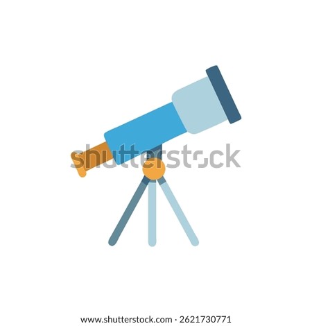 A flat-style illustration of a telescope on a tripod, presented against a stark White Background, using a simple color palette.