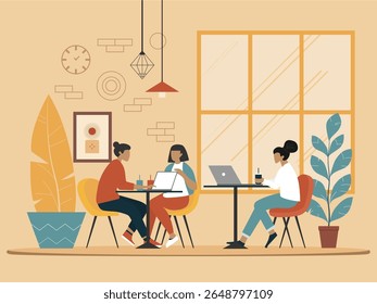 Flat-style illustration of three women working in a cozy coffee shop. Two discuss a project with a tablet, while one focuses on a laptop. The setting features warm lighting, indoor plants, and a large