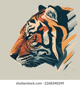 A flat-style illustration of a tiger's head in profile, with a simple color palette and clean lines