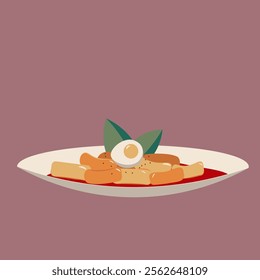 Flat-style illustration of Tteokbokki, a popular Korean street food made of spicy rice cakes with boiled egg and garnish. Perfect for culinary projects, menus, or food-related designs.