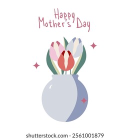 Flat-style illustration of a tulip bouquet in a vase with soft pastel tones, perfect for Mother's Day celebration designs, cards, and decorations.