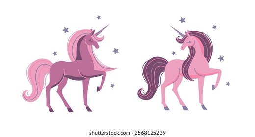 Flat-style illustration of two elegant unicorns with flowing manes and tails, surrounded by stars. Perfect for fantasy themes, children's products, magical stories, and whimsical designs.