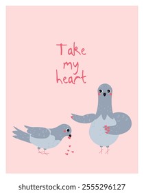 Flat-style illustration of two pigeons with the message "Take my heart." Perfect for Valentine's Day cards, romantic gifts, and love-themed designs.