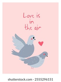 Flat-style illustration of two pigeons with the message "Love is in the air." Perfect for Valentine's Day cards, romantic designs, and celebrations of love and affection.