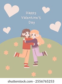 Flat-style illustration of two women hugging on a hill with hearts and flowers, celebrating love and pride. Perfect for Valentine's Day cards, LGBT themes, and diversity-focused designs.