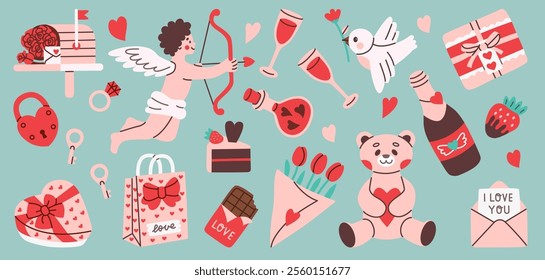 Flat-style illustration of Valentine's Day elements including hearts, gifts, cupid, teddy bear, flowers, chocolate, and romantic symbols. Colorful and cheerful design perfect for love-themed projects.