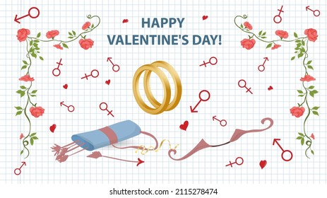 A flat-style illustration for the Valentines Day holiday, a frame of flowers, wedding rings and cupids bow and arrow, a checkered notebook sheet background