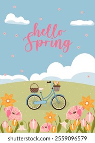 Flat-style illustration of a vintage bicycle with baskets full of flowers in a blooming spring meadow. The scene features colorful tulips, daisies, rolling green hills, a clear sky, and cheerful text.