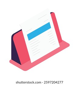 A flat-style illustration of a white document with blue highlights resting on file holder, symbolizing organization and paperwork.  