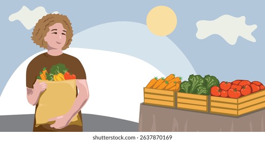 Flat-style illustration of woman embracing healthy eating and zero waste by buying fresh vegetables in a reusable bag