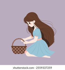 Flat-style illustration of a young girl with flowing brown hair, sitting on the ground while holding a woven basket. She wears a light blue dress, charming scene perfect   for spring themes.