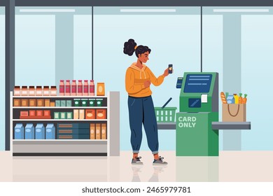 Flat-style illustration: A young woman pays her grocery at a self-service checkout kiosk using a smartphone. 