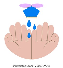 Flat-style image of open palms under dripping faucet. Great for sustainability visuals, clean water awareness and environmental campaigns
