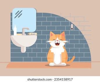 imagen de estilo plano, un gato elegante en un baño moderno, cepillo de dientes en pata, listo para una rutina dental encantadora